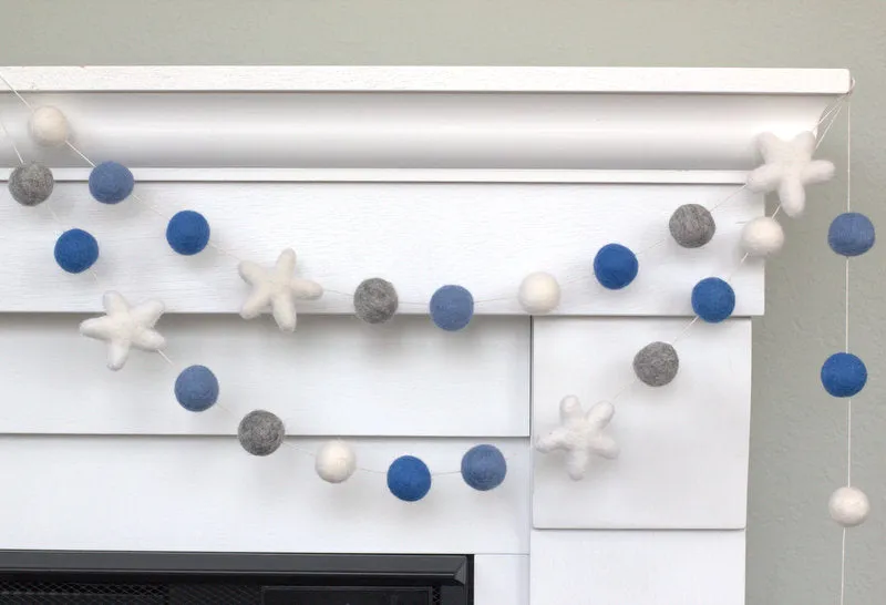 Felt Ball & Star Garland- Baby Blue, Gray, White