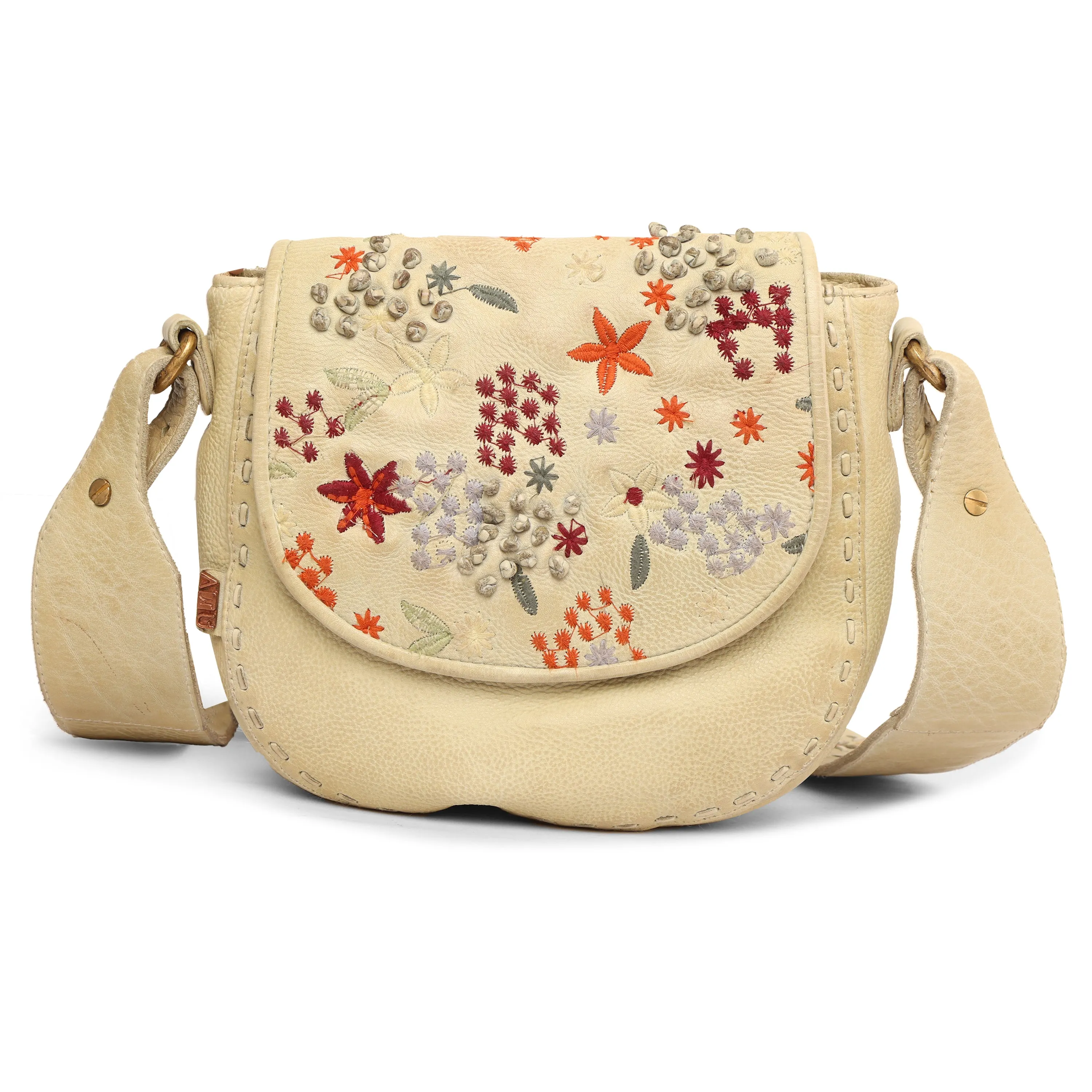 Floral Bliss: L.Green Leather Crossbody bag with Flower Embroidery