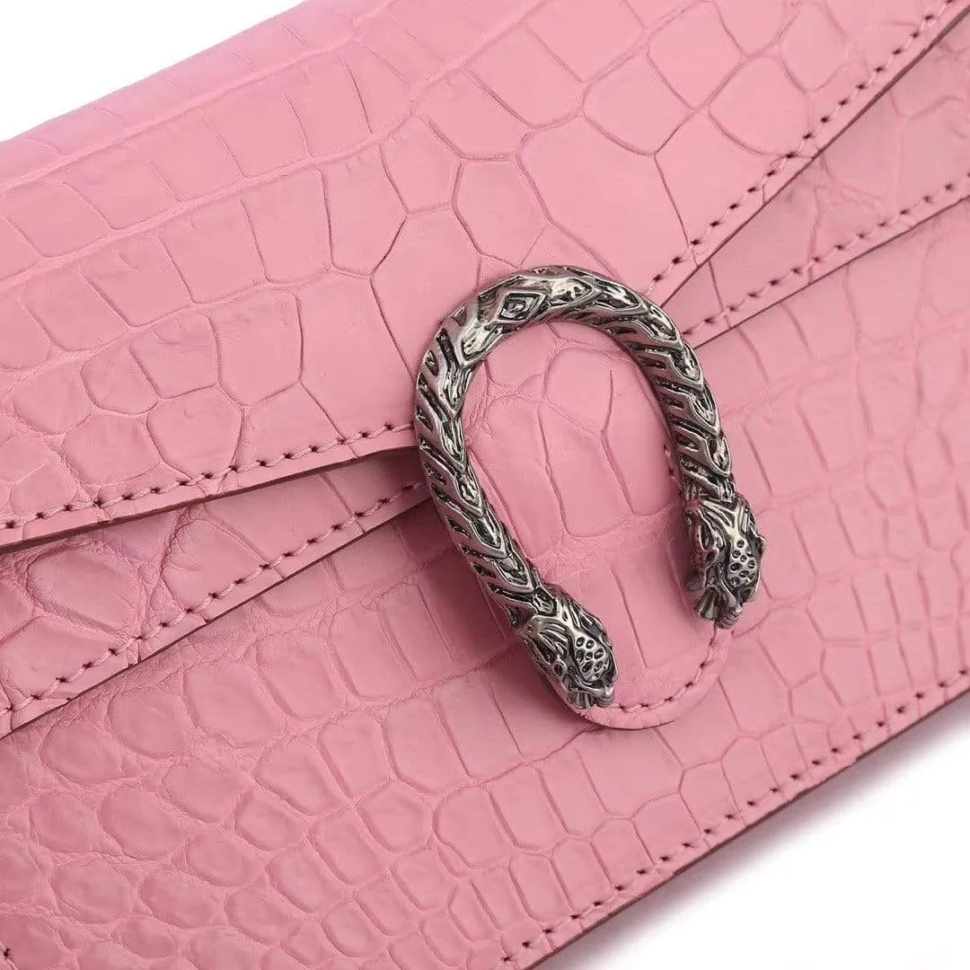 Genuine Crocodile  Leather Flap Cross body Messenger Mini Chain Bag Pink