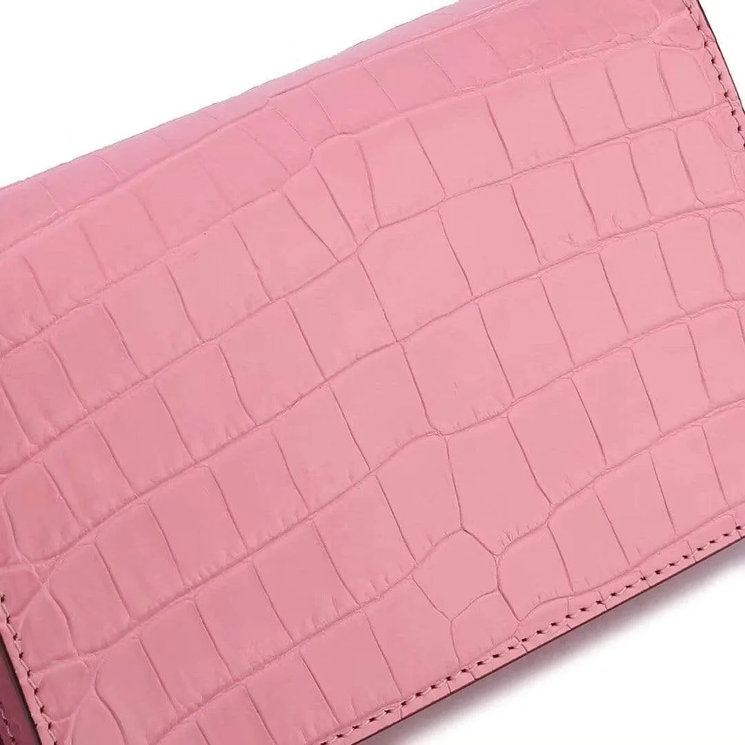 Genuine Crocodile  Leather Flap Cross body Messenger Mini Chain Bag Pink