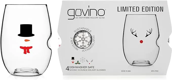 *Govino Flexible Shatterproof Reusable Wine Glasses | 16-oz Each | Holiday Icons