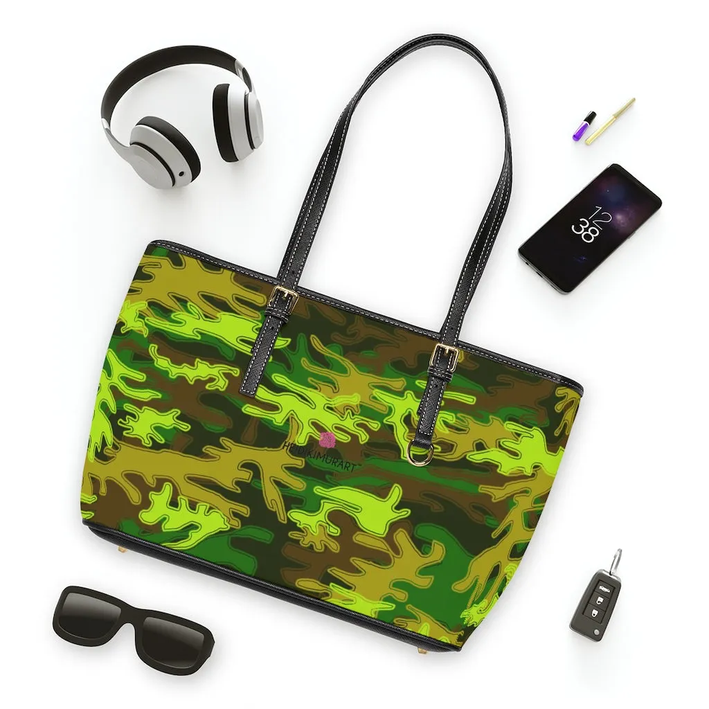 Green Camo Print Tote Bag, Army Printed PU Leather Shoulder Hand Work Bag 17"x11"/ 16"x10"