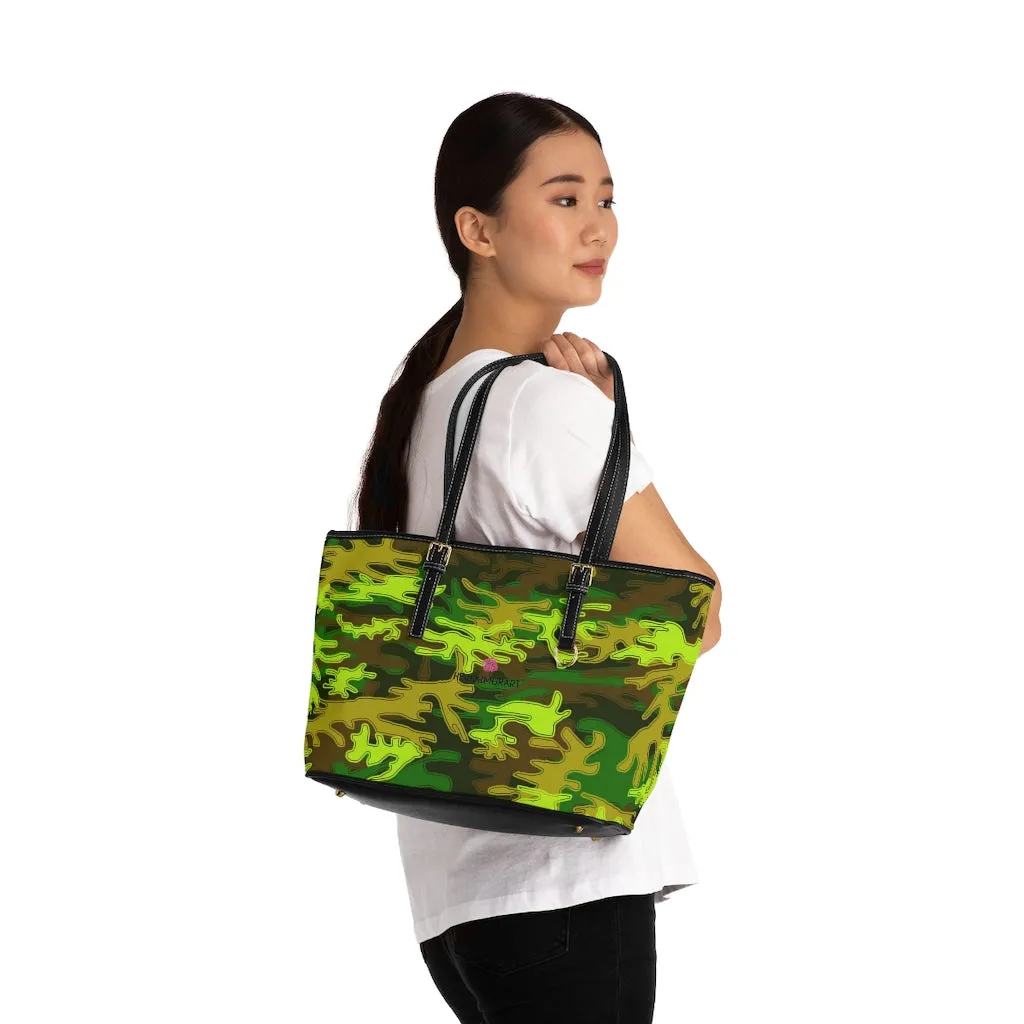 Green Camo Print Tote Bag, Army Printed PU Leather Shoulder Hand Work Bag 17"x11"/ 16"x10"