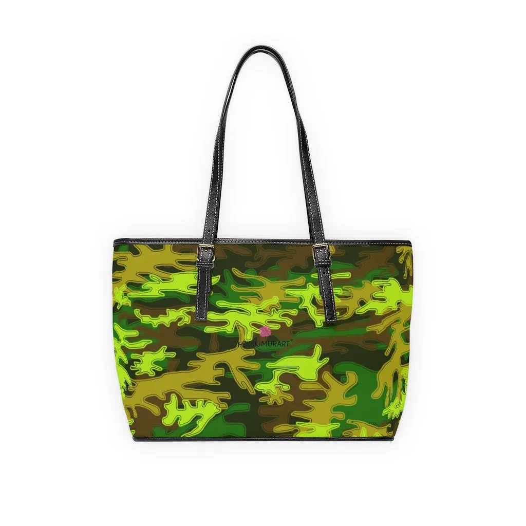 Green Camo Print Tote Bag, Army Printed PU Leather Shoulder Hand Work Bag 17"x11"/ 16"x10"