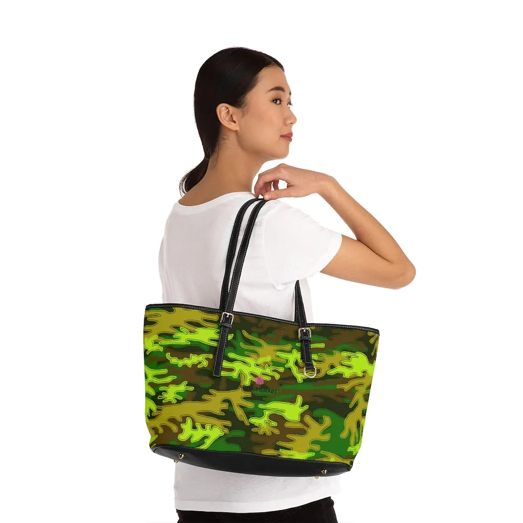 Green Camo Print Tote Bag, Army Printed PU Leather Shoulder Hand Work Bag 17"x11"/ 16"x10"