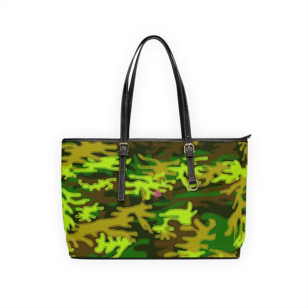 Green Camo Print Tote Bag, Army Printed PU Leather Shoulder Hand Work Bag 17"x11"/ 16"x10"