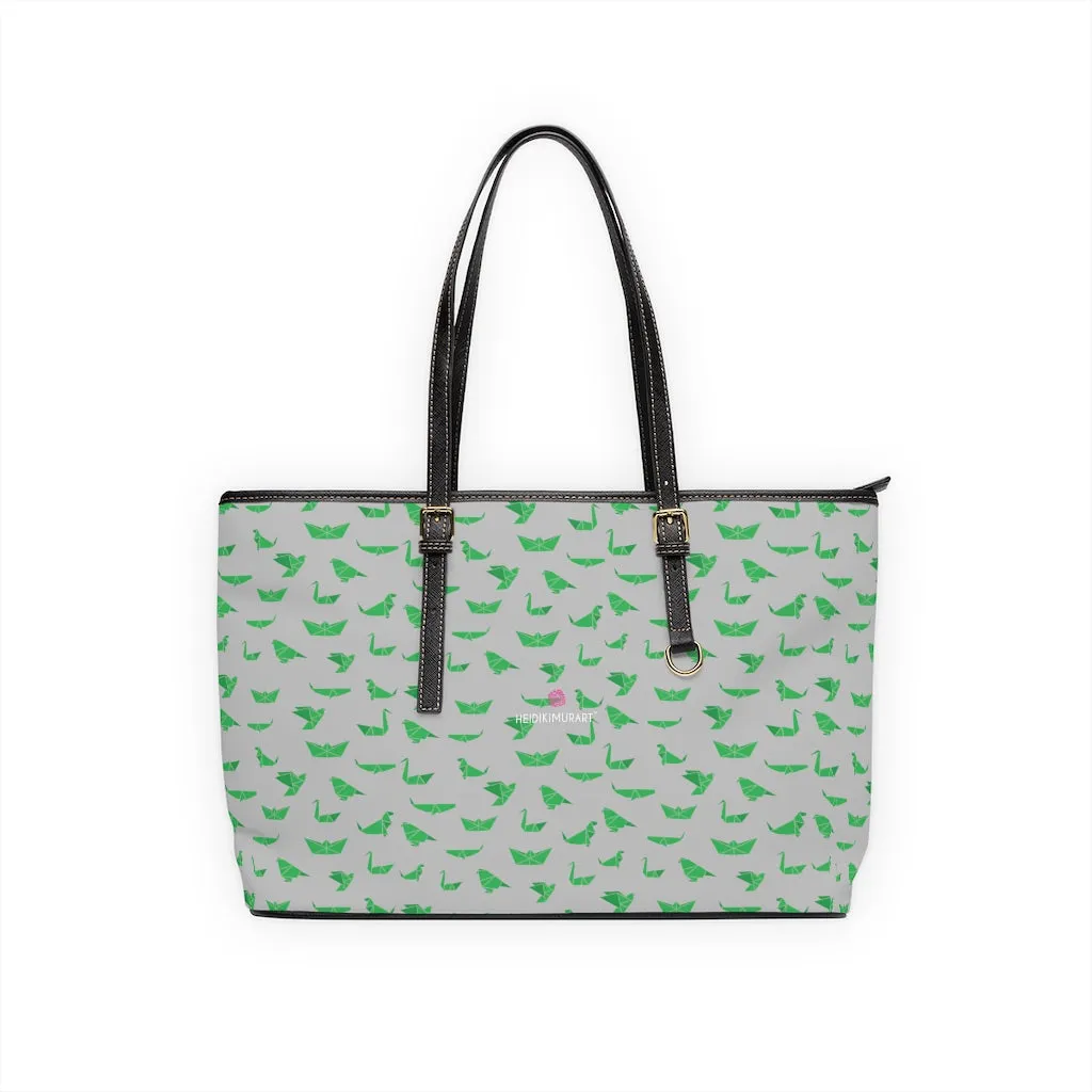 Grey Green Crane Tote Bag, Japanese Style PU Leather Shoulder Hand Work Bag 17"x11"/ 16"x10"