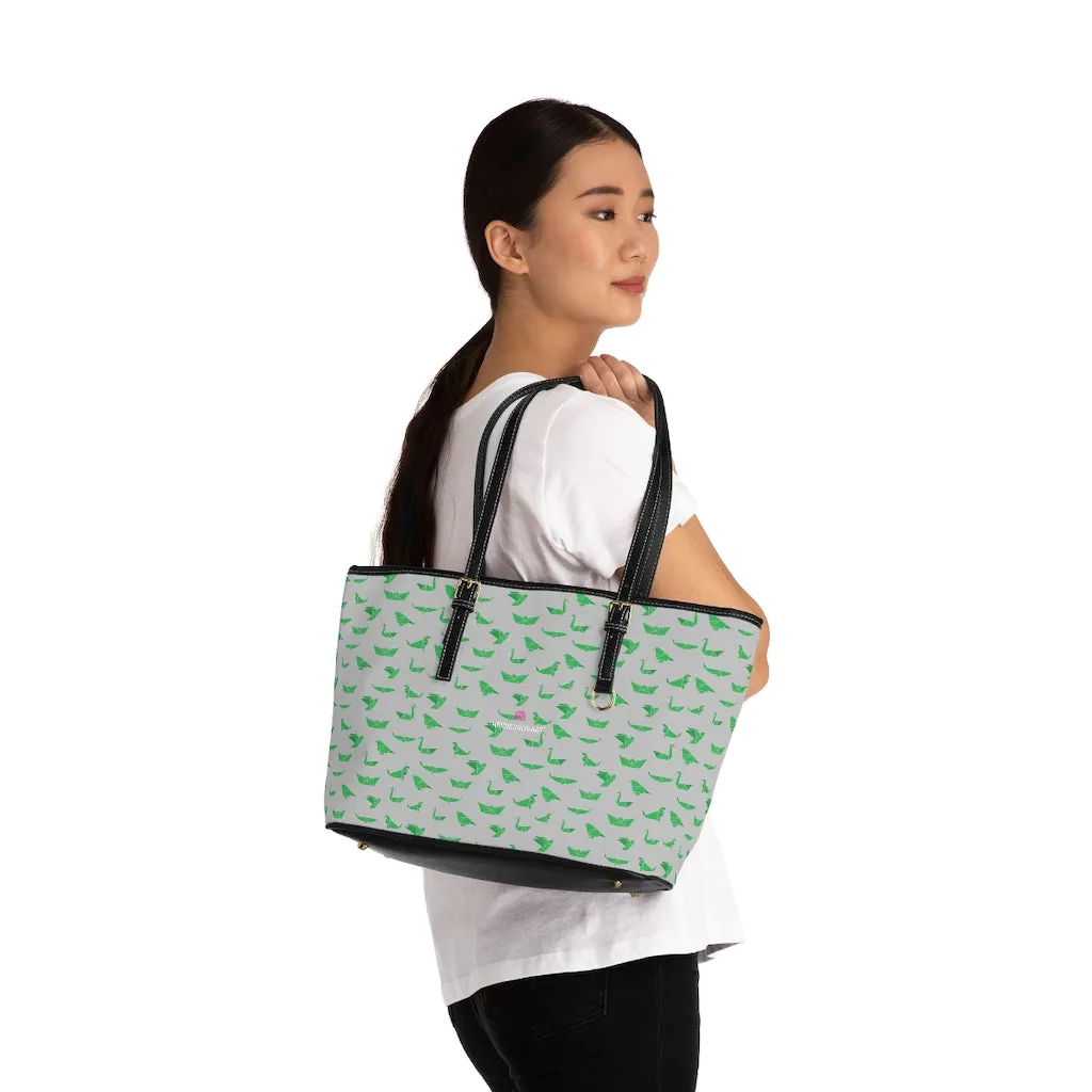 Grey Green Crane Tote Bag, Japanese Style PU Leather Shoulder Hand Work Bag 17"x11"/ 16"x10"