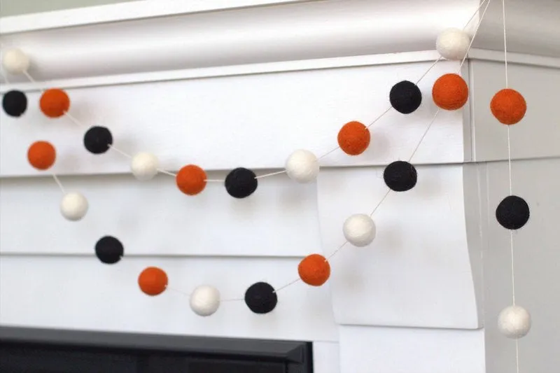 Halloween Felt Ball Garland- Black, Bright Orange & White