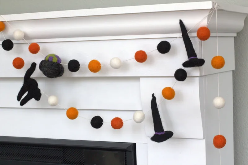 Halloween Felt Garland- Witch Hat, Cauldron, Black Cat- Black, Orange