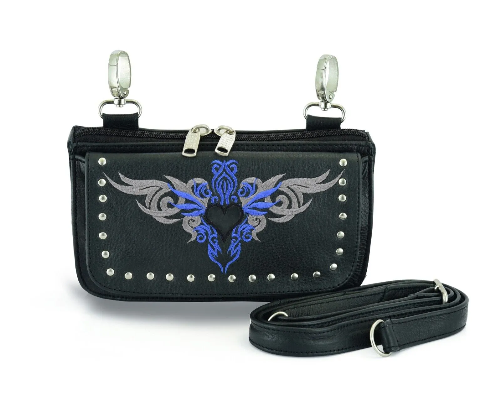 HL80156BLUE HipClip pouch tribal Heart Leather Bag Women Waist Bag BLUE Fanny Pack Motorcycle Biker Blue Embroidery