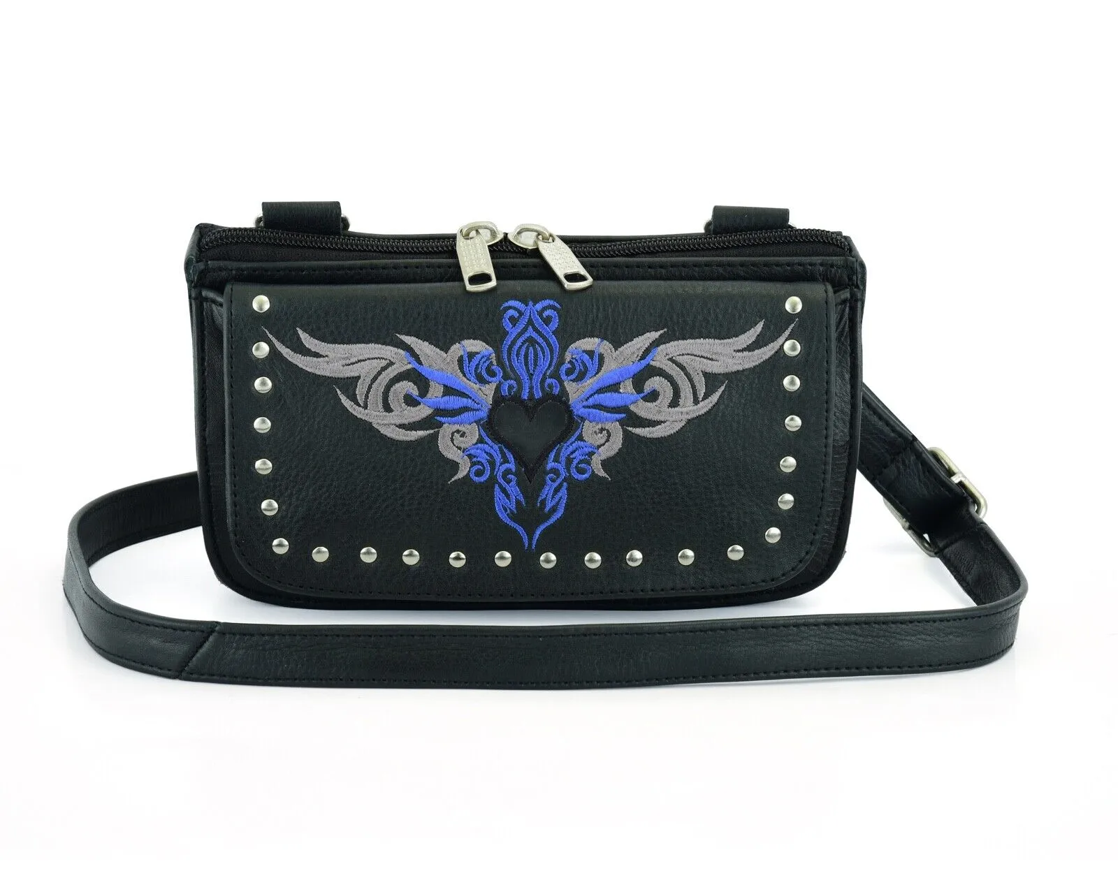 HL80156BLUE HipClip pouch tribal Heart Leather Bag Women Waist Bag BLUE Fanny Pack Motorcycle Biker Blue Embroidery