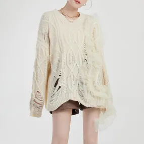 Hole Hollow Out Knitting Sweater For Women Round Neck Long Sleeve Patchwork Mesh Solid Pullover Female Clothing