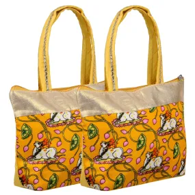 Kuber Industries Hand Purse|Traditional Mini Hand Bag|Silk Wallet Hand Bag|Shagun Hand Purse|Woman Tote Hand Bag|Gifts Hand Bag|Cow-Small Hand Purse|Pack of 2|Yellow