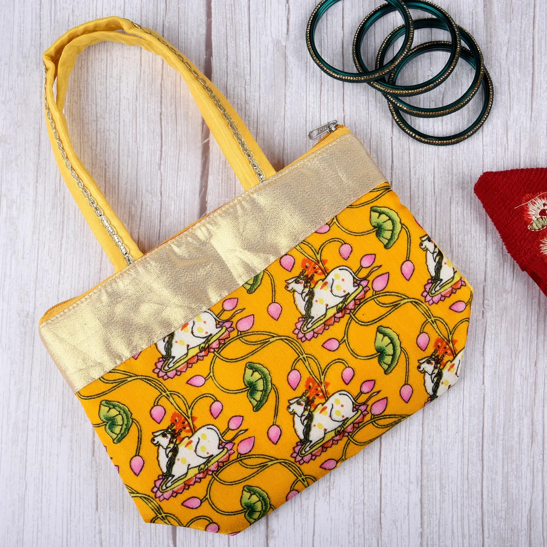 Kuber Industries Hand Purse|Traditional Mini Hand Bag|Silk Wallet Hand Bag|Shagun Hand Purse|Woman Tote Hand Bag|Gifts Hand Bag|Cow-Small Hand Purse|Pack of 2|Yellow