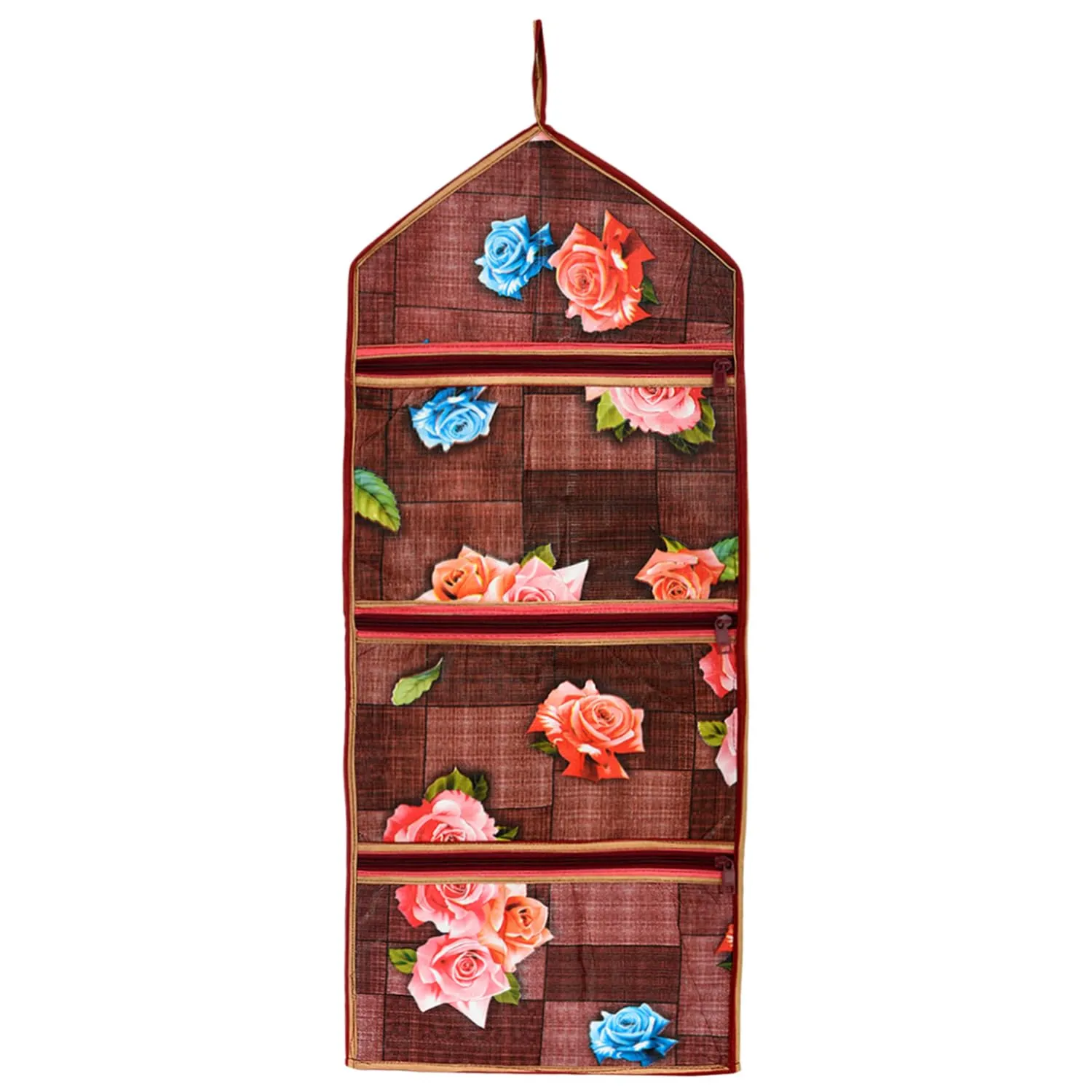 Kuber Industries Paper Holder | Foldable Hanging Organizer | PVC Flower Pattern Document Holder | 3 Pocket Wall Hanging Holder with Zipper | Maroon