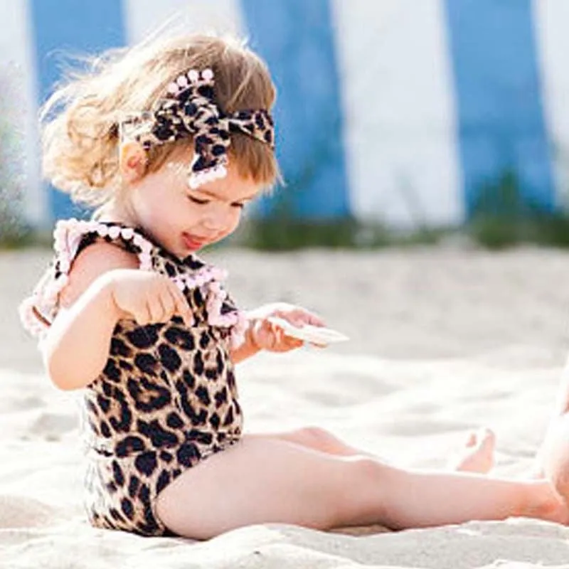 Leopard Pom Pom detail mommy and me matching mommy and daughter swimsuit