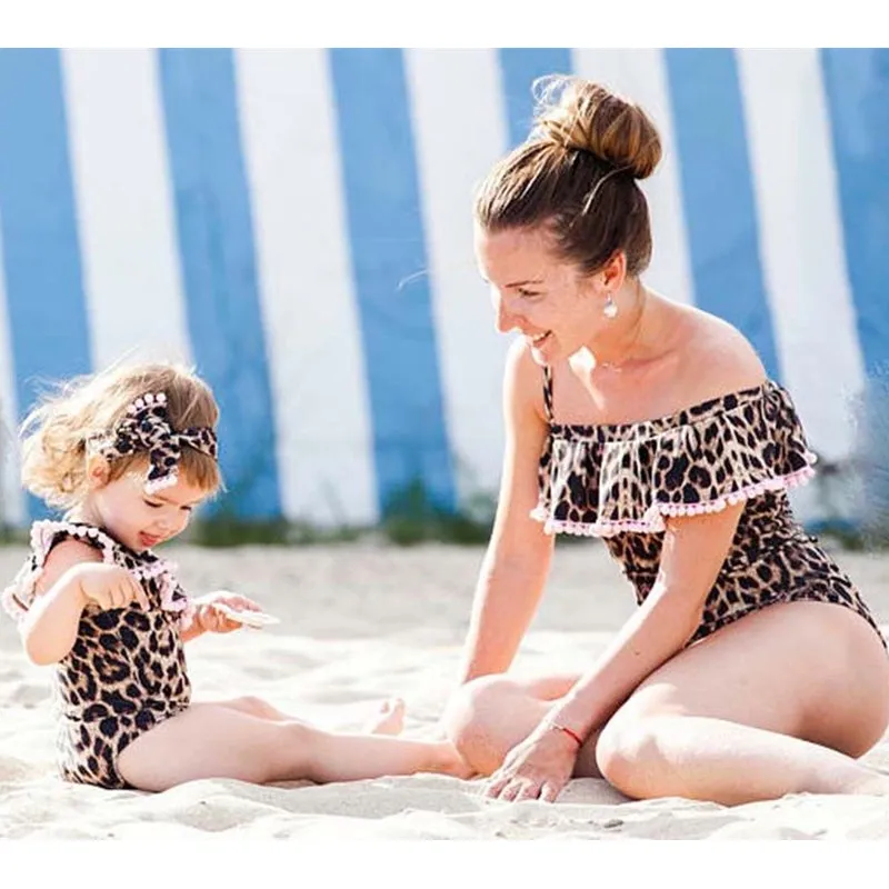 Leopard Pom Pom detail mommy and me matching mommy and daughter swimsuit