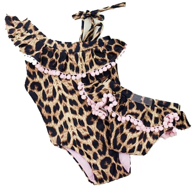 Leopard Pom Pom detail mommy and me matching mommy and daughter swimsuit