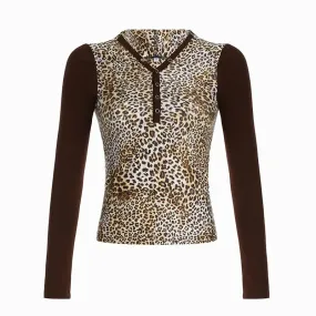 Leopard Print Y2k Tops Women 2024 Fall Fashion Hooded V Neck Long Sleeve Tees Brown T Shirts P77-BE13