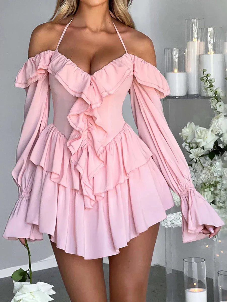 Long Sleeve V Neck Low Cut A-Line Swing Dress Back Lace Up Ruffle Layered Summer Casual Puff Dress