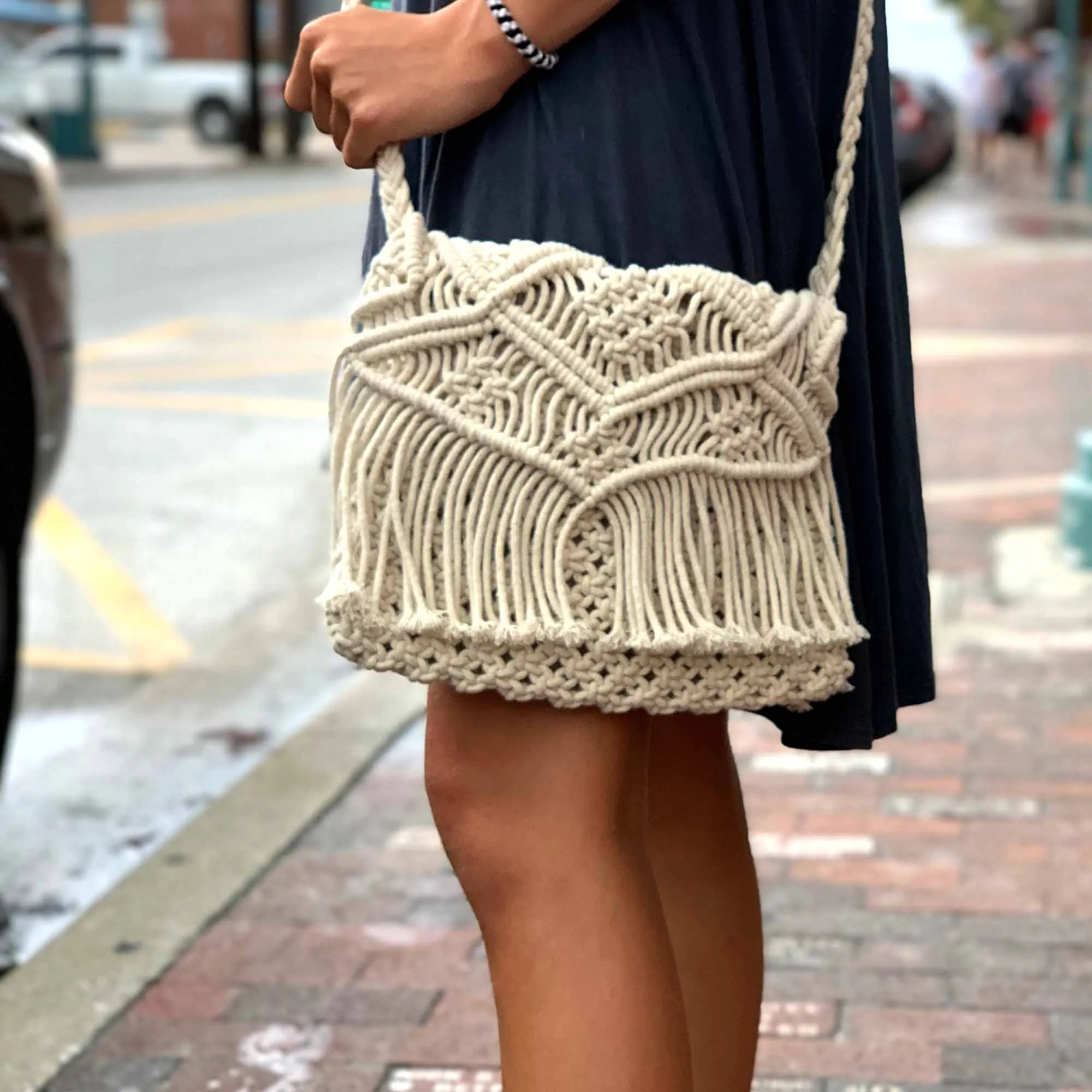 Macrame Shoulder Bag, Cream