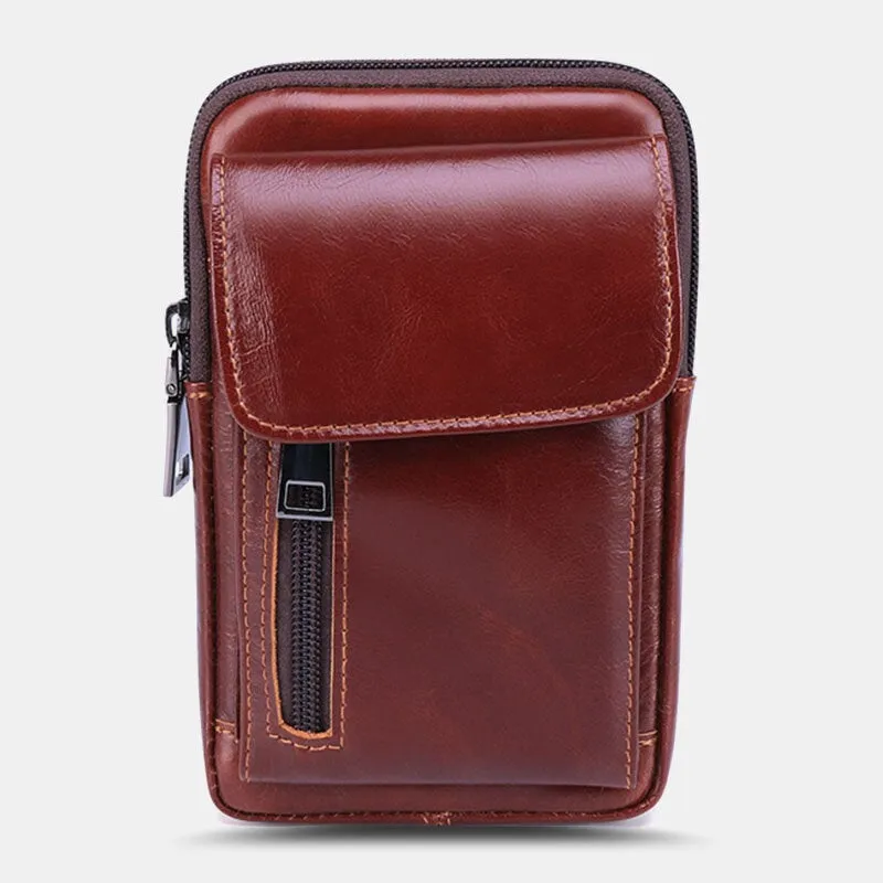 Men Flap-Over Front Zipper Pocket Belt Bag Sport Casual 6.3 Inch Phone Genuine Leather Waist