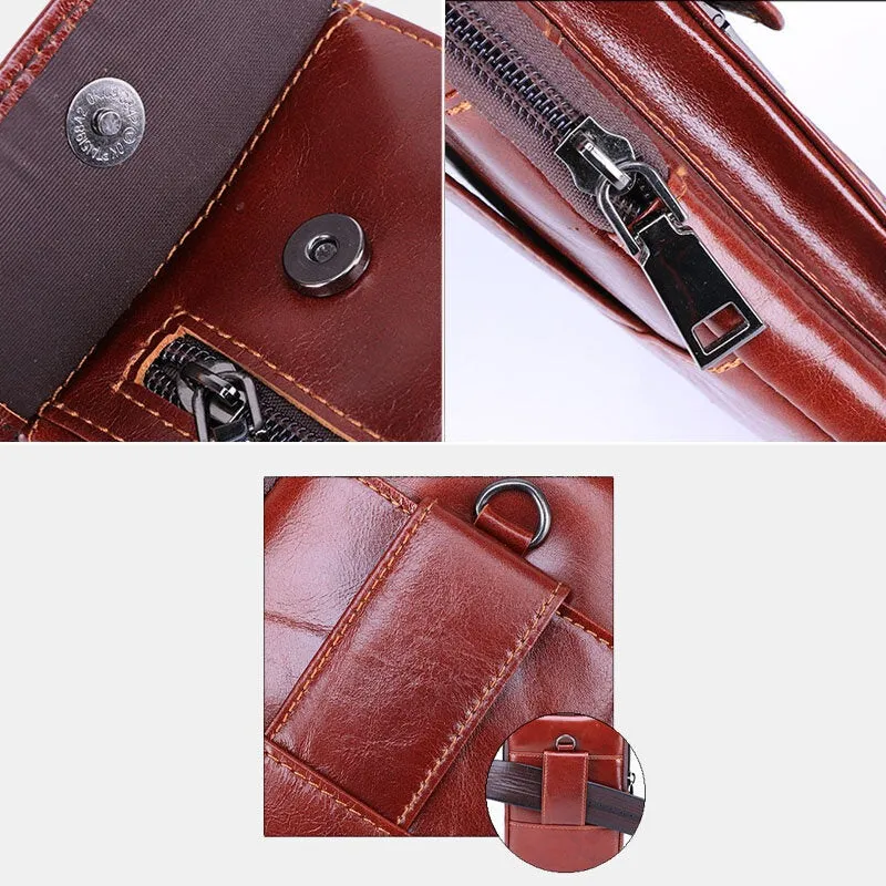 Men Flap-Over Front Zipper Pocket Belt Bag Sport Casual 6.3 Inch Phone Genuine Leather Waist