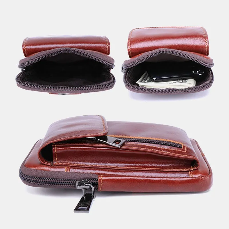 Men Flap-Over Front Zipper Pocket Belt Bag Sport Casual 6.3 Inch Phone Genuine Leather Waist