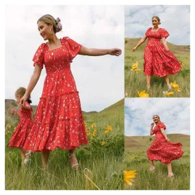 Mom and Daughter Matching Outfits Family Look Red Floral Long Dresses