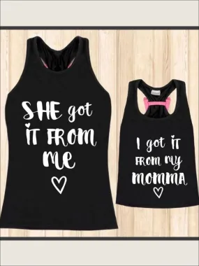 Mommy And Me Black Pink Back Bow "I Got It From My Momma" Tank