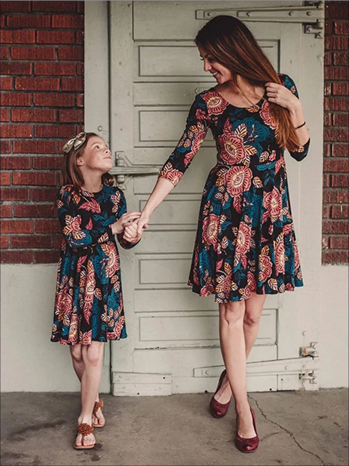 Mommy and Me Fall Casual Floral Print Dress