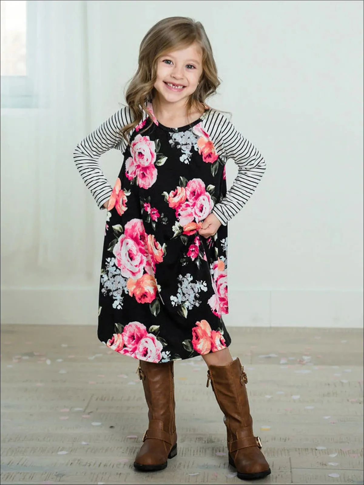 Mommy And Me Floral And Striped Print Raglan Dress