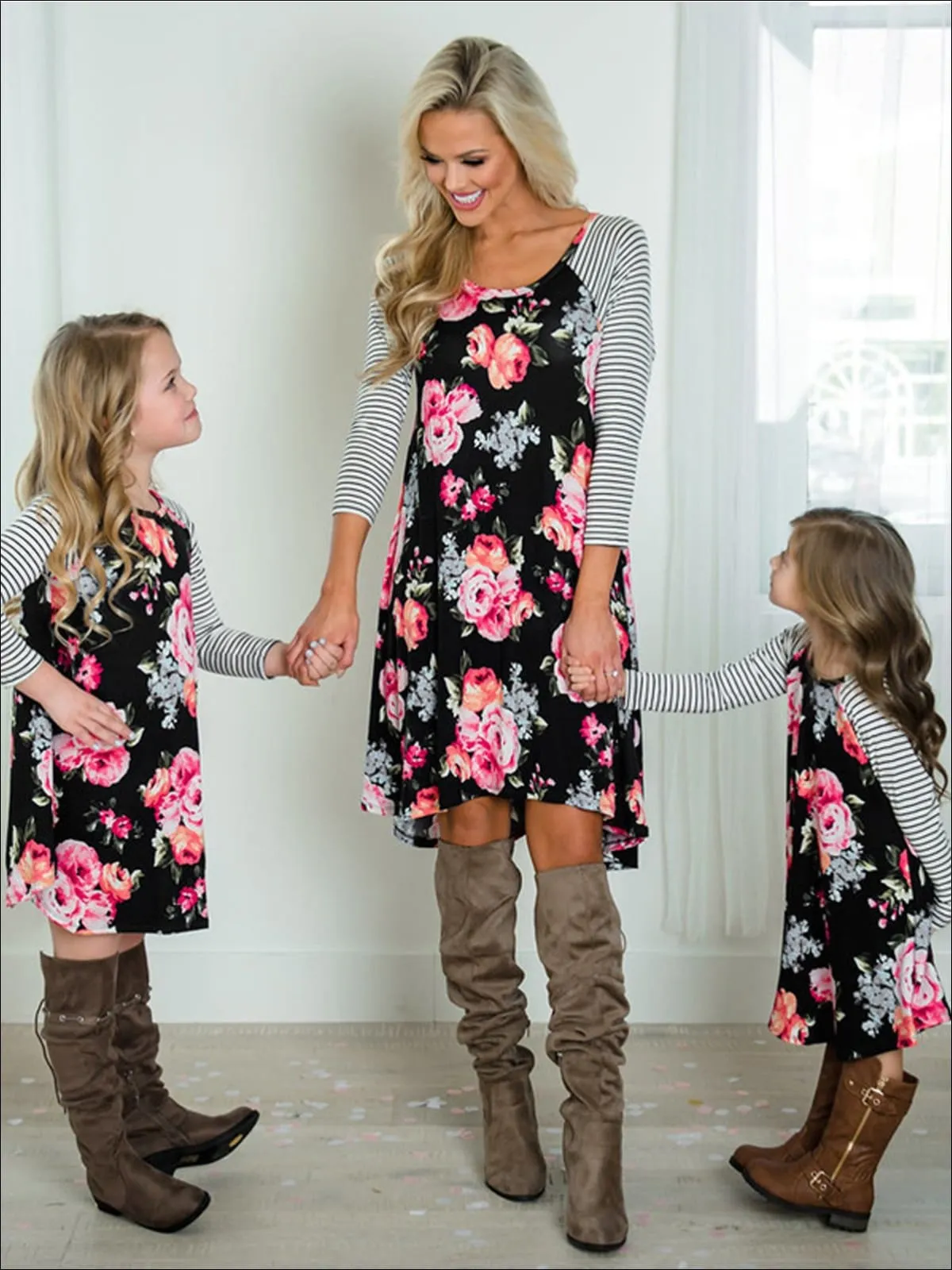 Mommy And Me Floral And Striped Print Raglan Dress