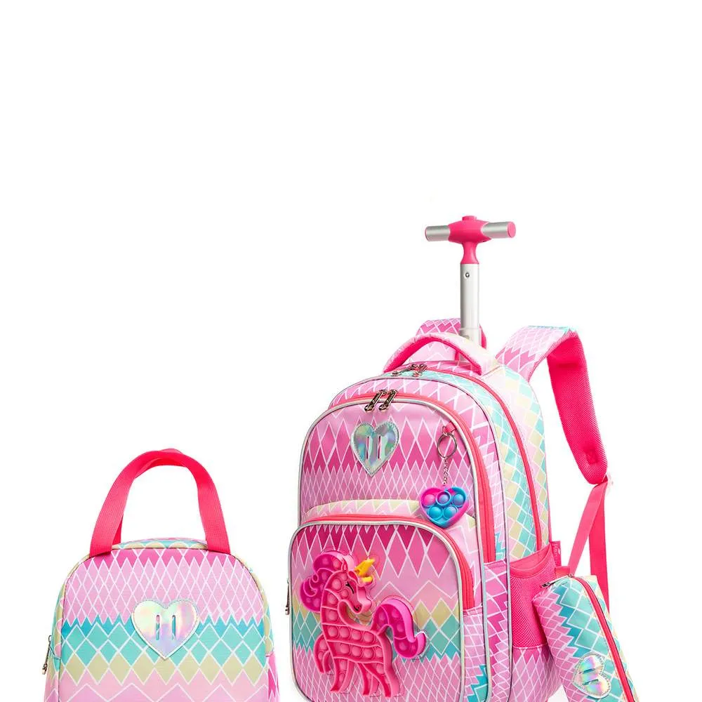 (NET) Cute Unicorn Rolling Backpack for Girls Backpacks with Wheels for Elementary Kids Set Of 3 Pcs