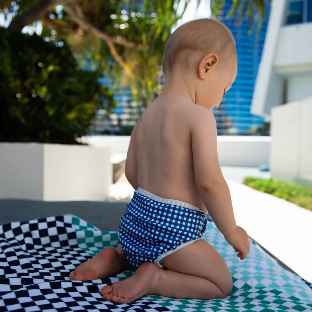 On The Go - Gift Set, Reusable Swim Nappy, Wet Bag and Baby Bib - Blue Check