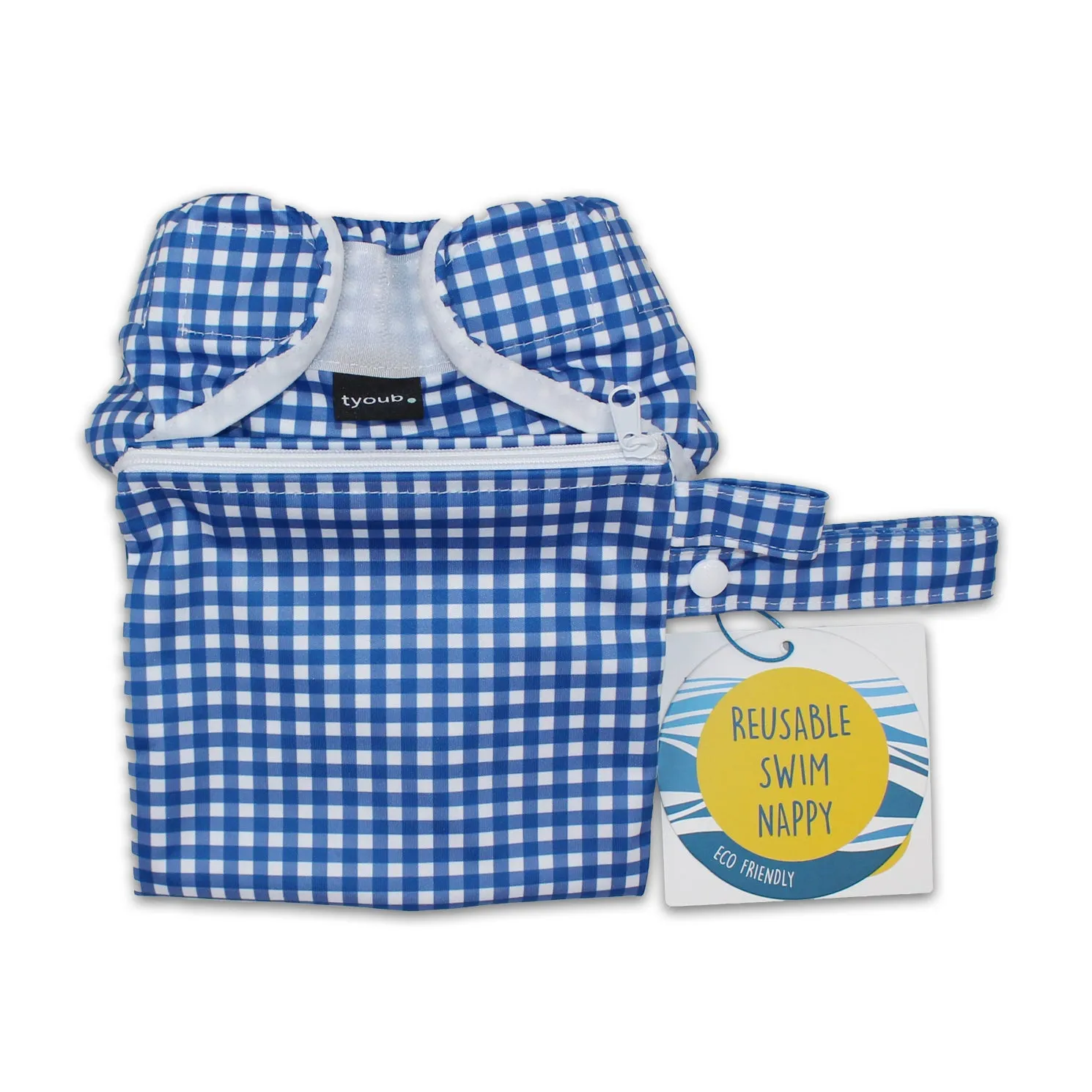 On The Go - Gift Set, Reusable Swim Nappy, Wet Bag and Baby Bib - Blue Check