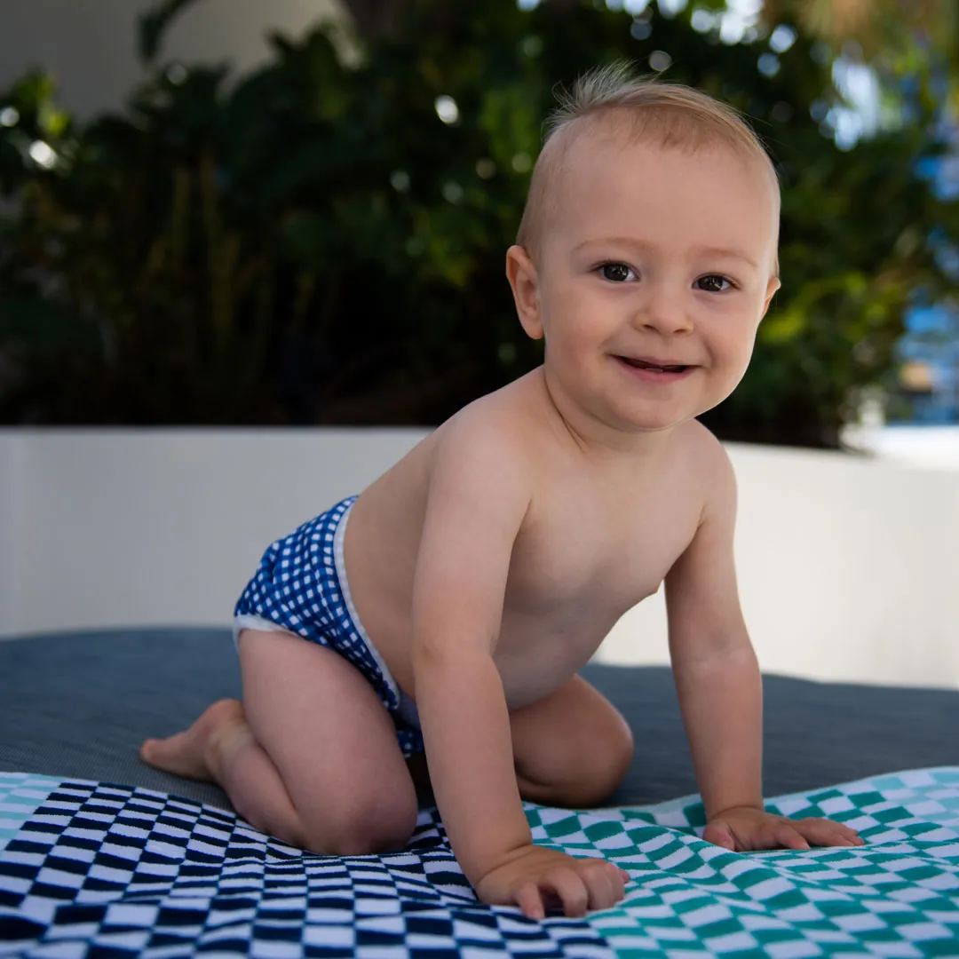 On The Go - Gift Set, Reusable Swim Nappy, Wet Bag and Baby Bib - Blue Check