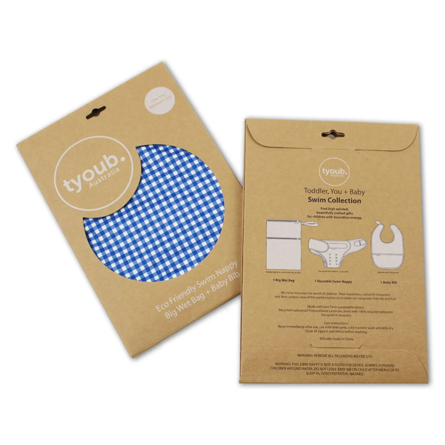 On The Go - Gift Set, Reusable Swim Nappy, Wet Bag and Baby Bib - Blue Check