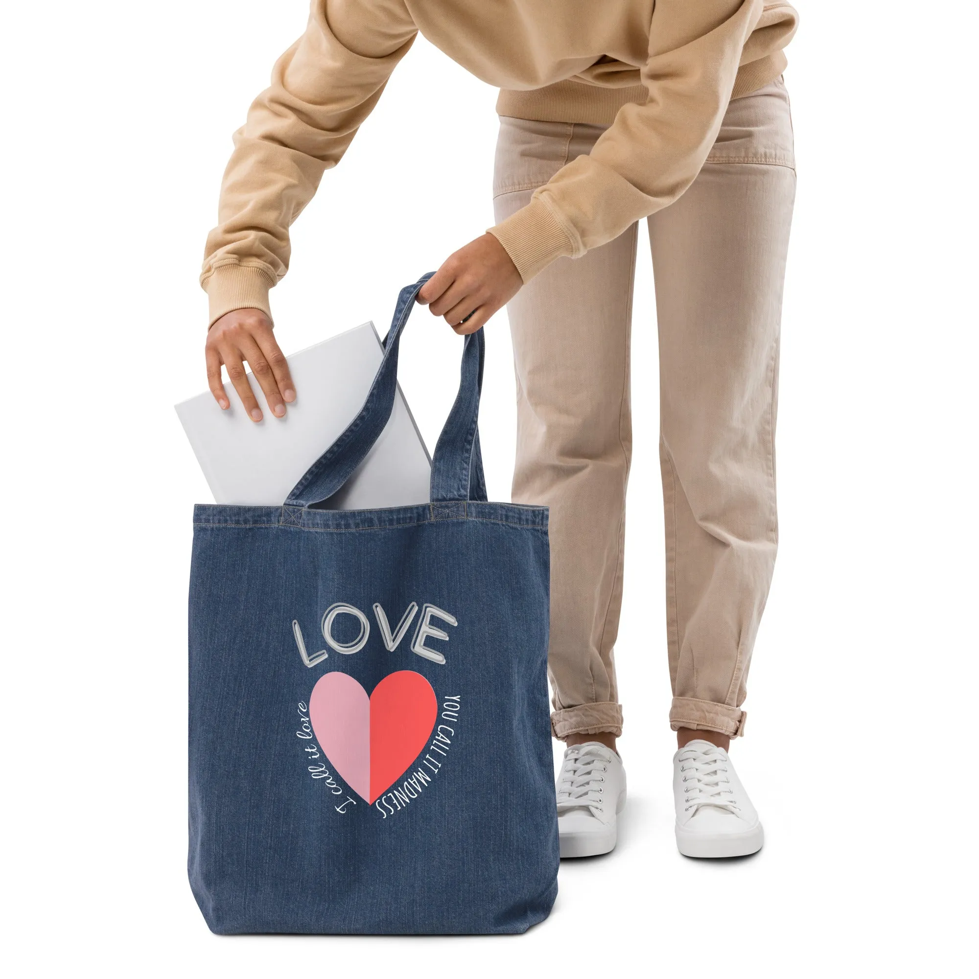 Organic denim tote bag, Crazy Love