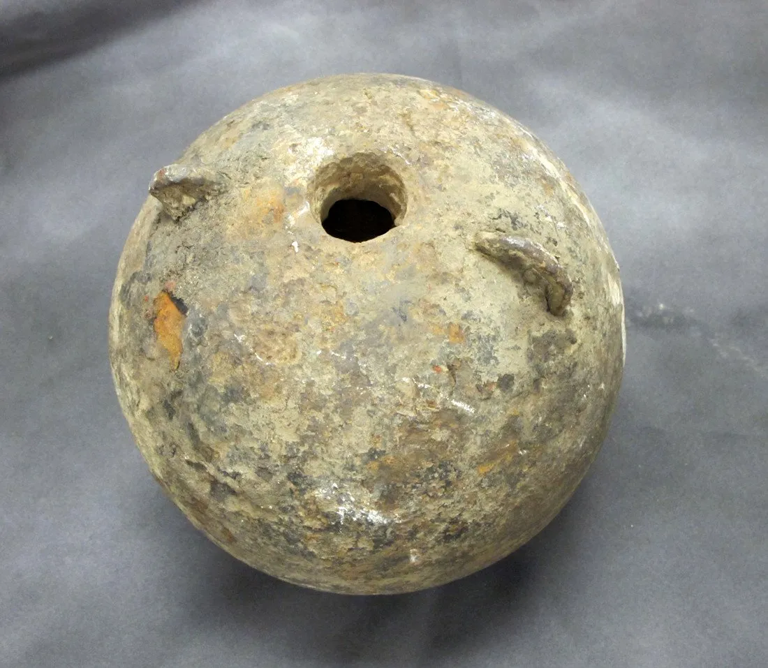 Original 18th Century Explosive Iron Mortar Ball with Lifting Rings