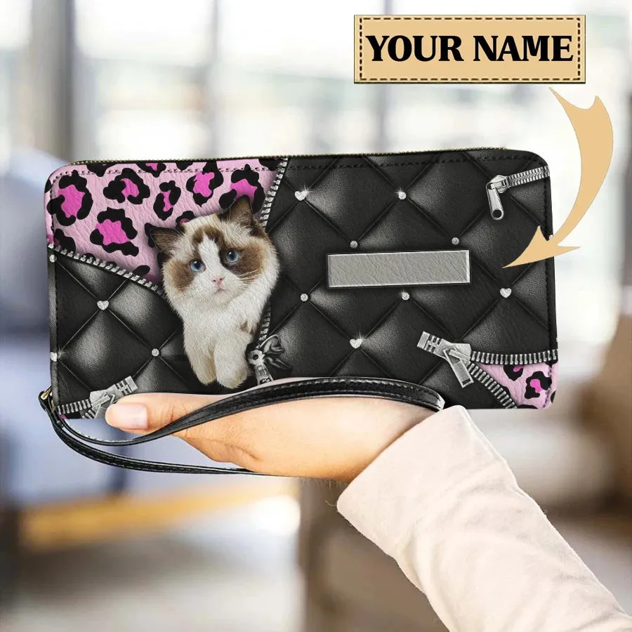 Personalized Cat Lovers Wristband Wallets Cute Cats Pattern Women PU Leather Clutch Wallet Female Long Card Purse Custom Name