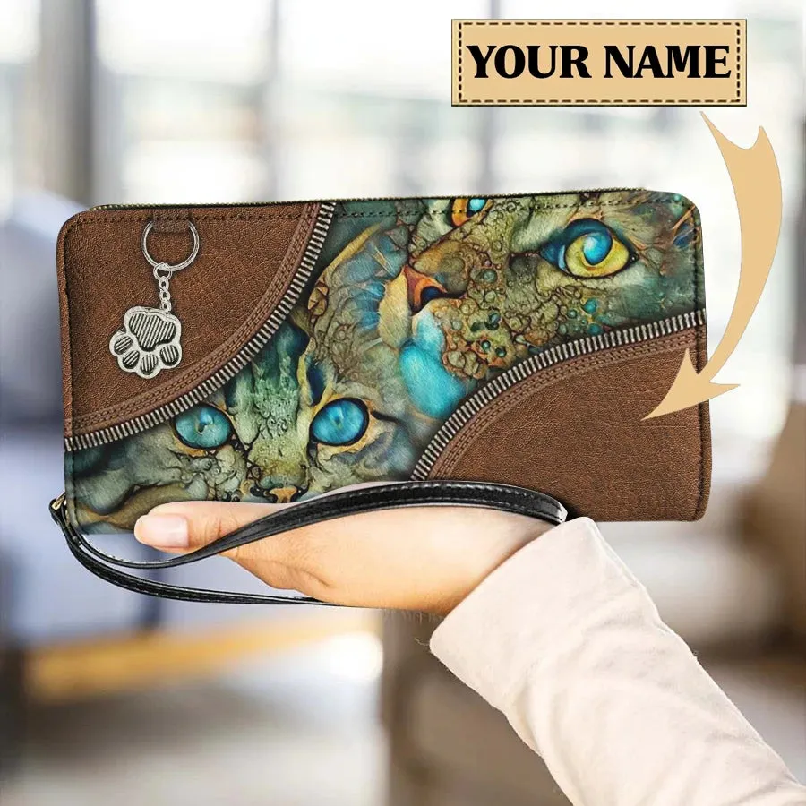 Personalized Cat Lovers Wristband Wallets Cute Cats Pattern Women PU Leather Clutch Wallet Female Long Card Purse Custom Name