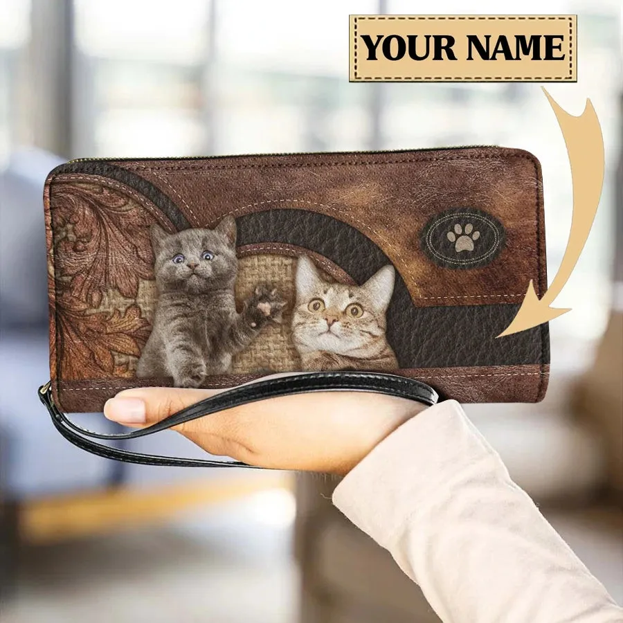 Personalized Cat Lovers Wristband Wallets Cute Cats Pattern Women PU Leather Clutch Wallet Female Long Card Purse Custom Name