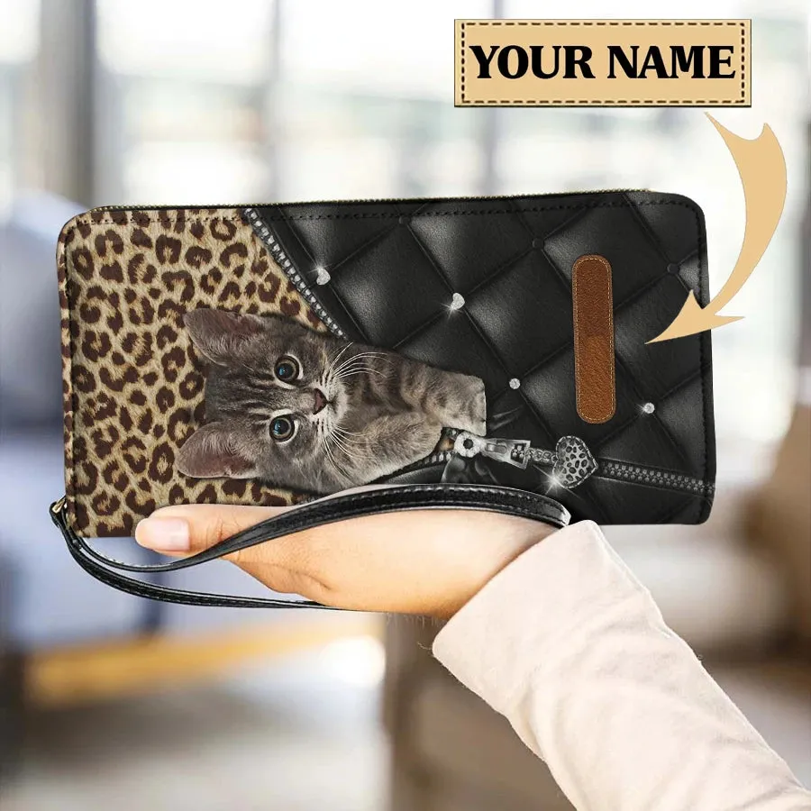 Personalized Cat Lovers Wristband Wallets Cute Cats Pattern Women PU Leather Clutch Wallet Female Long Card Purse Custom Name