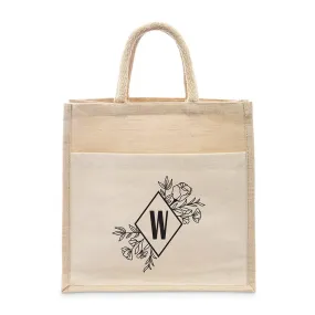 PERSONALIZED WOVEN JUTE MEDIUM TOTE BAG WITH POCKET -  FLORAL MONOGRAM