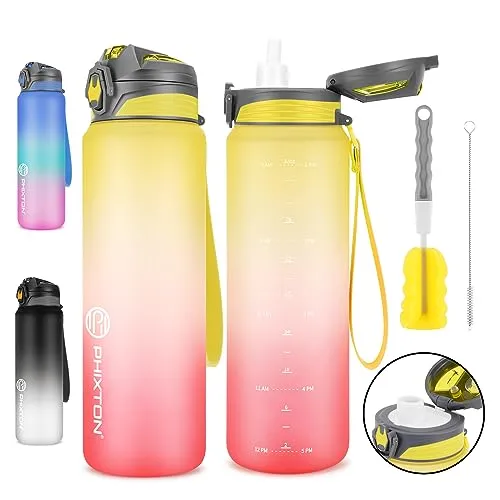 PHIXTON Sports Water Bottle 32 oz With Time Maker, Removable Straw, BPA Free Thick Tritan Plastic, 32OZ Motivational Leak Proof Waterbottle, Flip Top Hourly Measured Water Jugs For Drinking