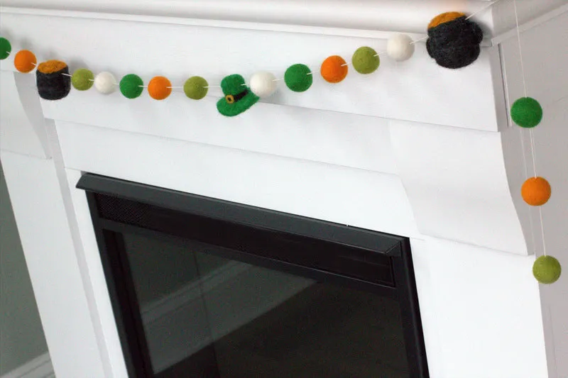 Pot of Gold & Leprechaun St. Patrick's Day Felt Ball Garland- Orange & Shades of Green