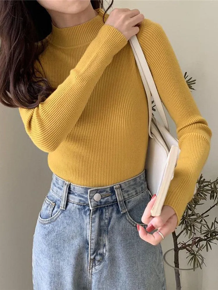 Pullover Women Sweater Autumn Elastic Solid Knitted Female Jumper Long Sleeve Winter Korean Female Basic Tops