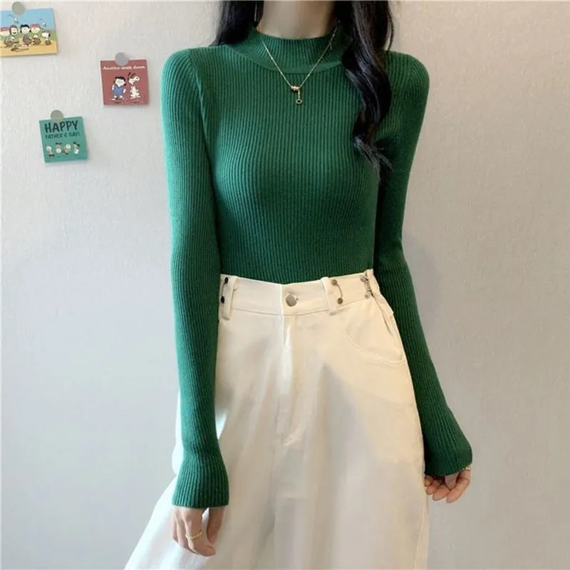 Pullover Women Sweater Autumn Elastic Solid Knitted Female Jumper Long Sleeve Winter Korean Female Basic Tops